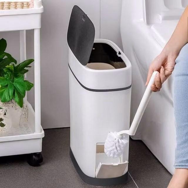 Garden Sanctuary Slim White Plastic Covered Trash Can with Built-in Toilet Brush