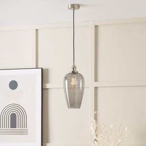 Ruma Glass Pendant Ceiling Light in Grey with Antique Silver Metal Chain
