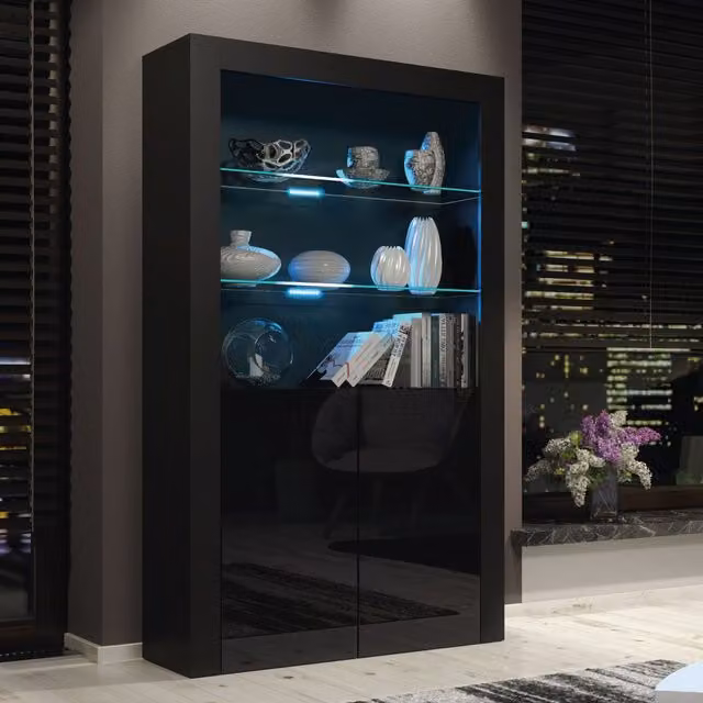 Mex Furniture LTD Modern Black Glossy Display Cabinet with LED Lights and Glass Doors, Height: 170 cm