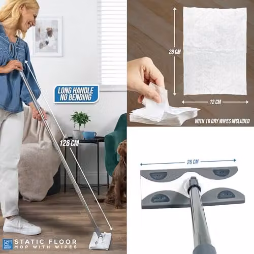 The Dustpan and Brush Store Static Floor Sweeper Mop Kit with 10 Dry Wipes in Grey and White – 5