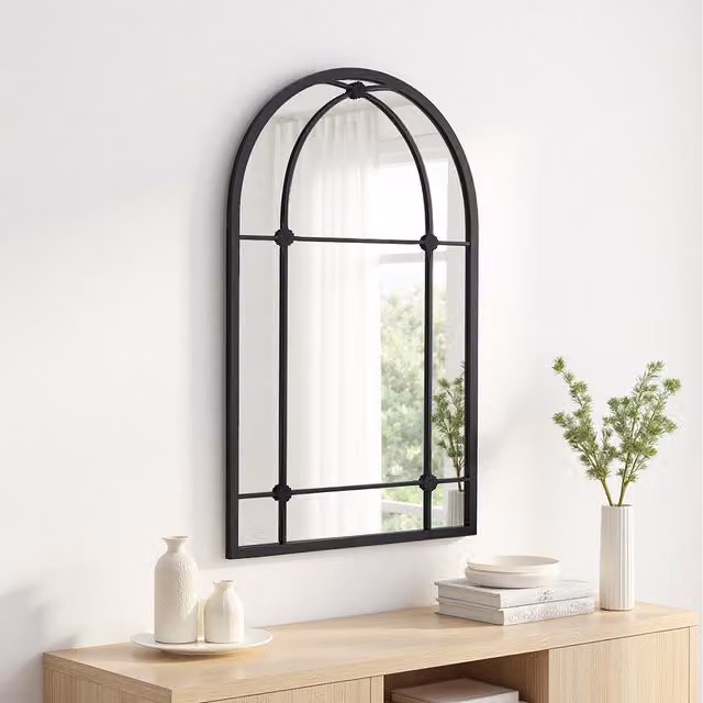 Komore Black Rustic Arch Windowpane Wall Mirror
