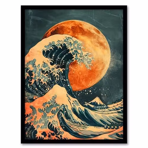 Artery8 Orange Moon Traditional Japanese Waves Framed Wall Art Print, A4
