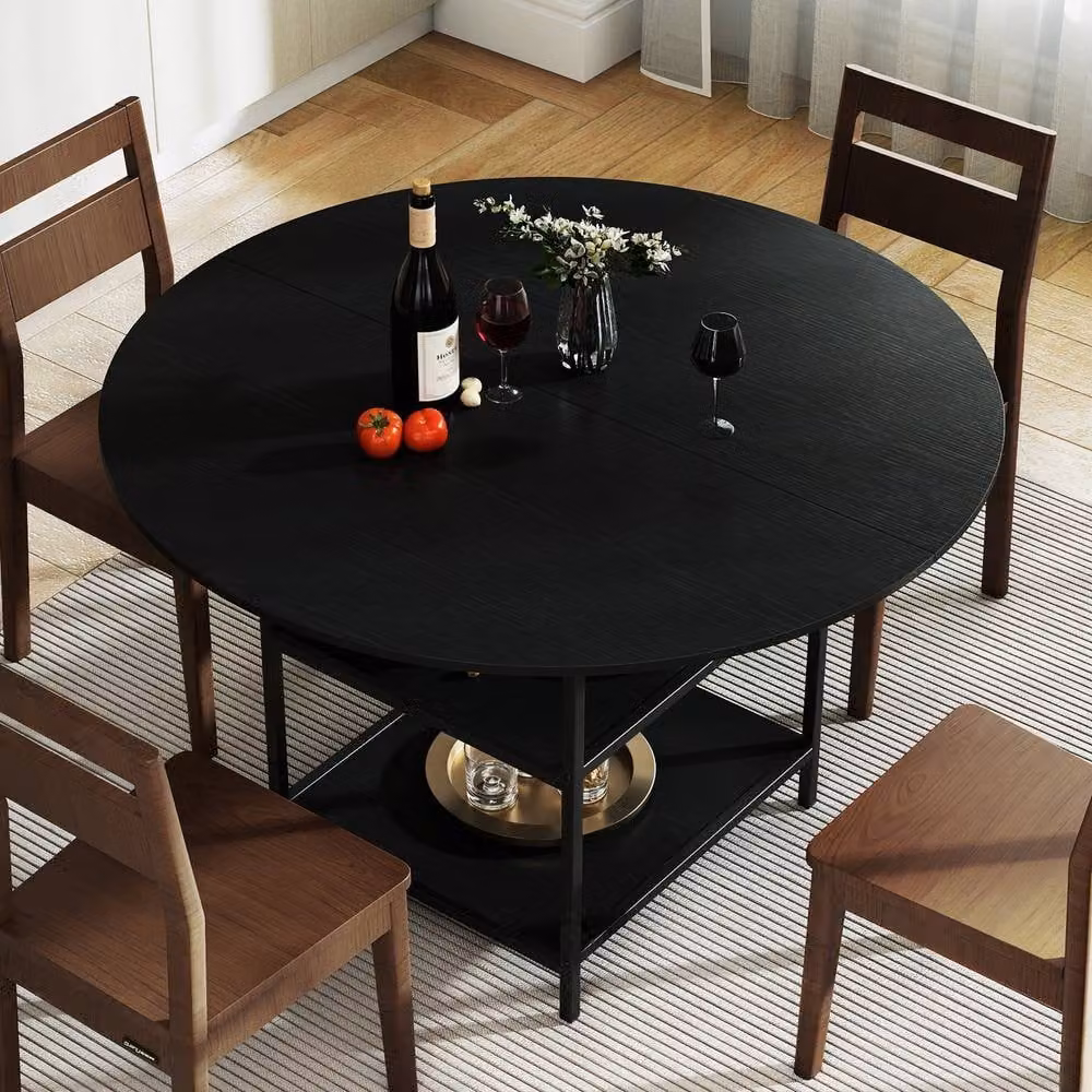 Costway Modern Round Dining Table with 2 Storage Shelves in Black, Diameter: 120 cm – 4