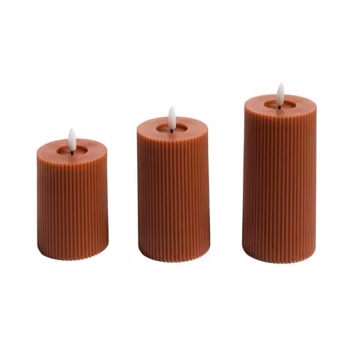 OHS Set of 3 Ribbed Flameless LED Pillar Candles with Flickering Effect in Rust Orange