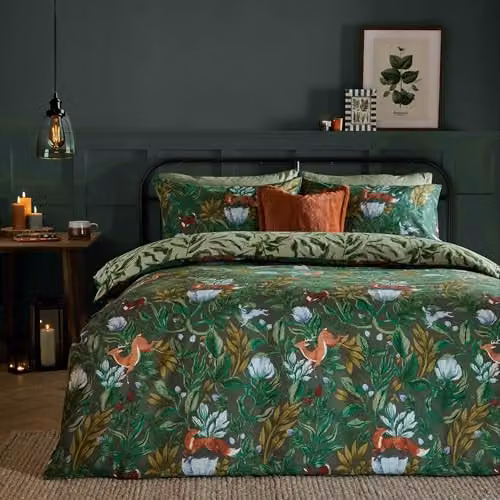 Furn Into The Woods Reversible Woodland Animal Cotton Blend Duvet Cover Set in Green and Blue, W: 180 cm, D: 200 cm