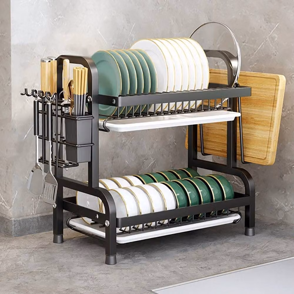 FLAVORA 2 Tier Kitchen Dish Drying Rack in Black with Drip Tray – 2