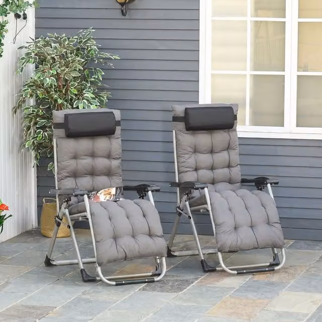 OUTSUNNY 2 Pack Reclining Zero Gravity Folding Lounger Chairs in Dark Grey – 1