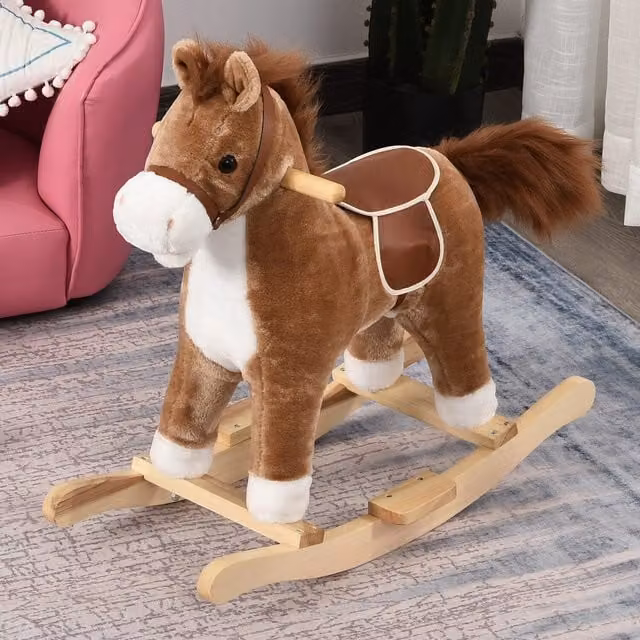 HOMCOM Interactive Plush Rocking Horse with Sound, Brown and White