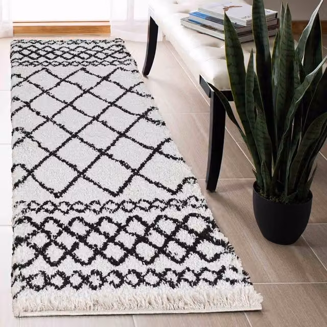 Desire Rugs Moroccan Berber Shaggy Runner with Mixed Diamond Design in Beige, Yellow and White, W/D: 60 x 220 cm