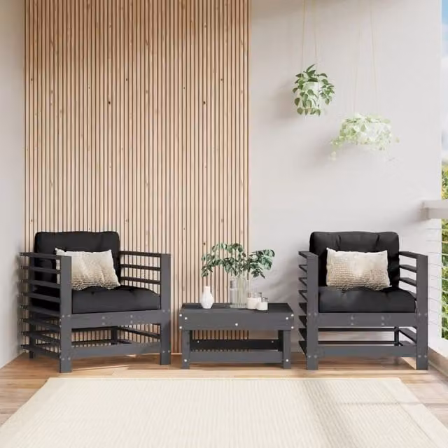 Berkfield Home Set of 2 Rustic Grey Pine Garden Chairs with Fabric Cushions and Armrests – 1
