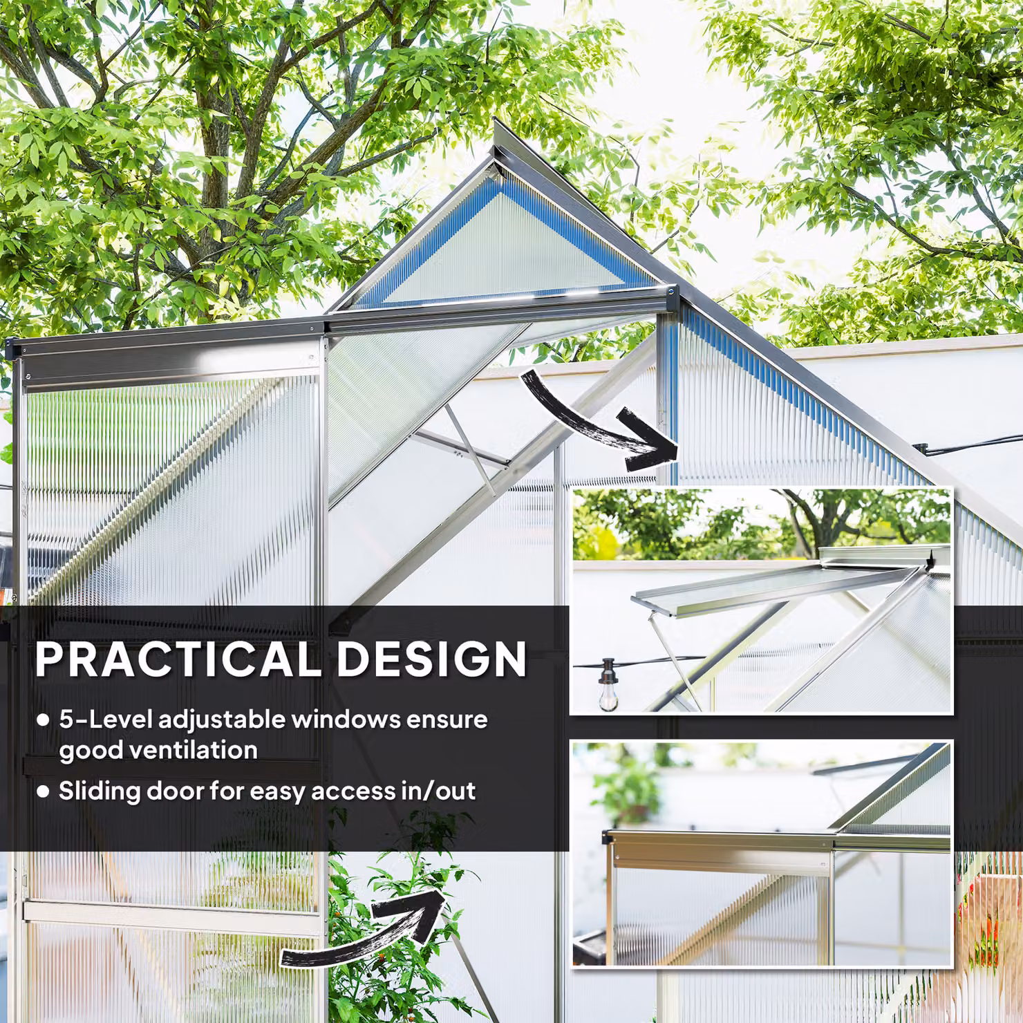 Outsunny Silver-Tone Walk-In Polycarbonate Greenhouse with Sliding Window and Rain Gutter, W: 131 cm, H: 192.5 cm – 4