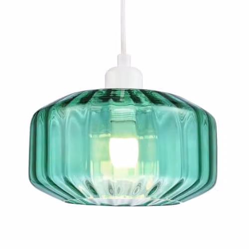Happy Homewares Emerald Green Ribbed Glass Pendant Lamp Shade, Cylinder Style, W: 13 cm, H: 20 cm