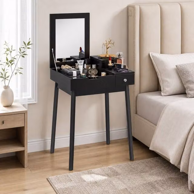 STILVORA Modern Dressing Table with Flip-up Mirror and 2 Drawers in Black