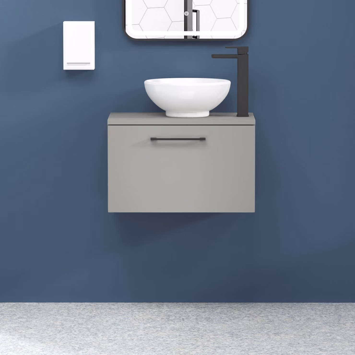 Royal Bathrooms Breeze Modena 800mm Wall Hung Vanity Unit in Satin Grey with 1 Drawer, Matt Black Handle and Countertop Basin