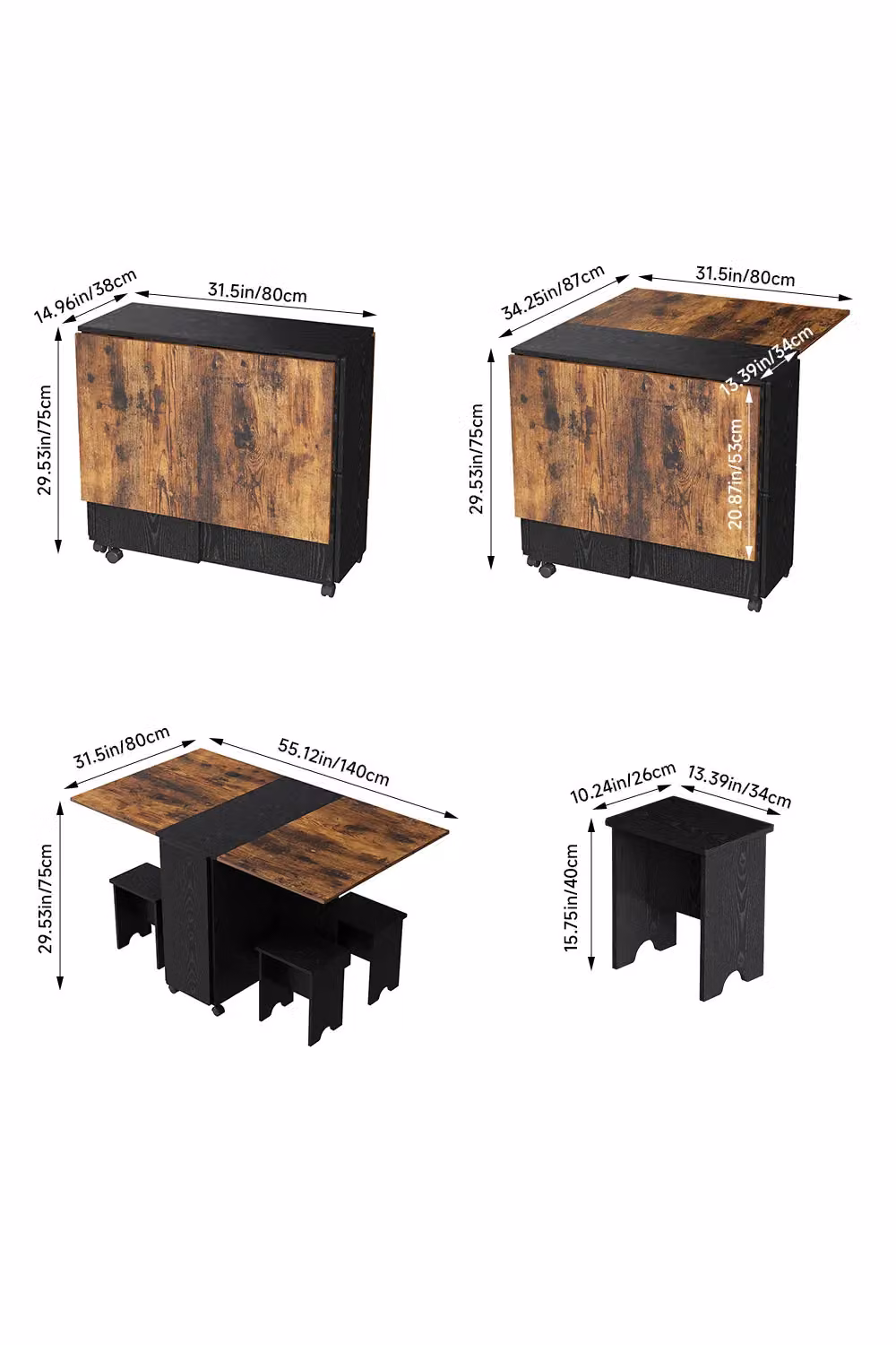 Living and Home Retro Folding Dining Table Set with 4 Stools in Black and Beige – 3