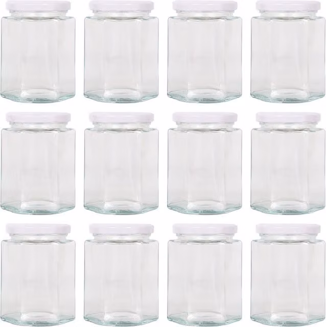 Argon Tableware Hexagonal Glass Jam Jars with Leakproof Screw-Top Metal Lids, 250ml, White, Pack of 12