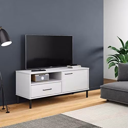 vidaXL OSLO TV Cabinet in White Solid Pine Wood with Metal Legs – 2