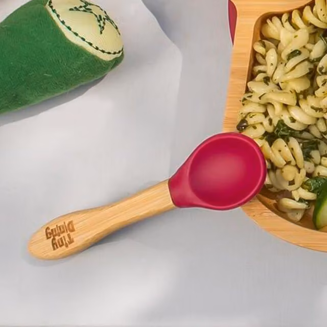 Tiny Dining Children's Bamboo Spoons with Silicone Tips, Pack of 2, Red, 14 cm