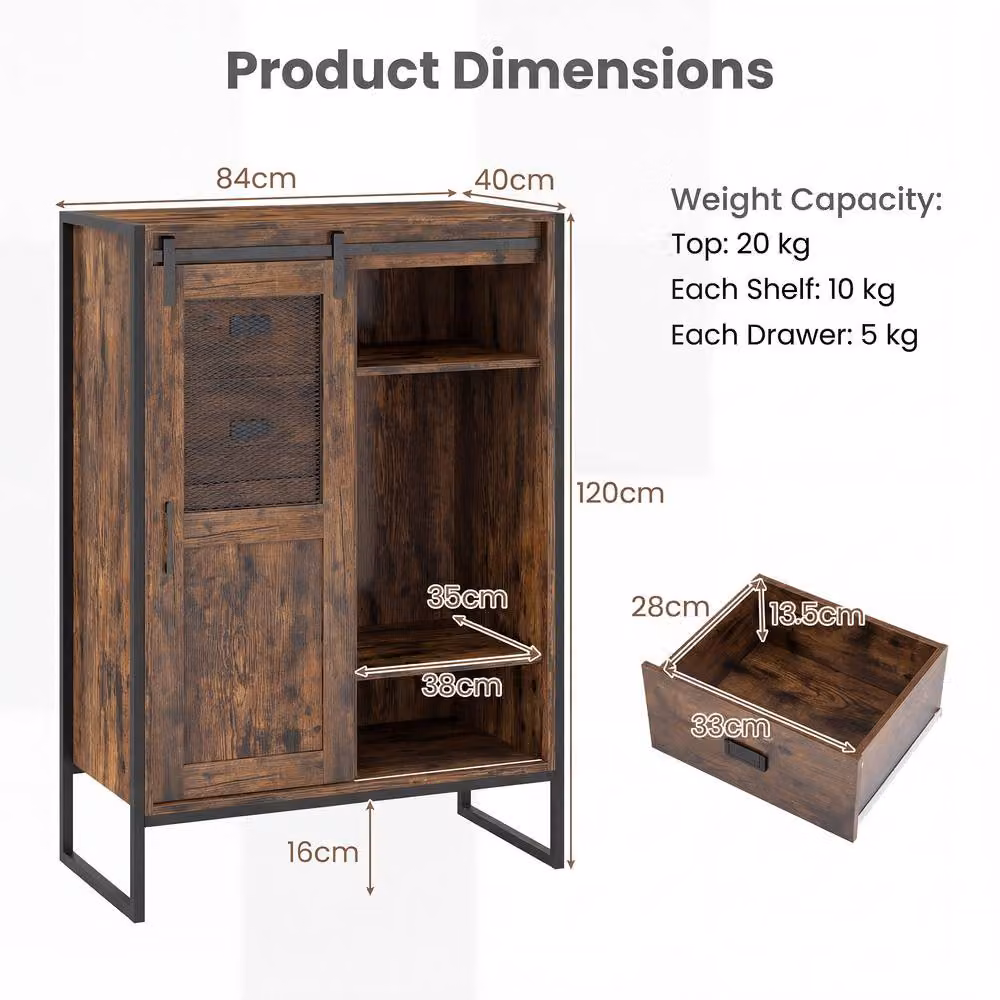 Costway Rustic Brown Floor Buffet Cabinet Organizer with Sliding Doors and Adjustable Internal Shelves – 2