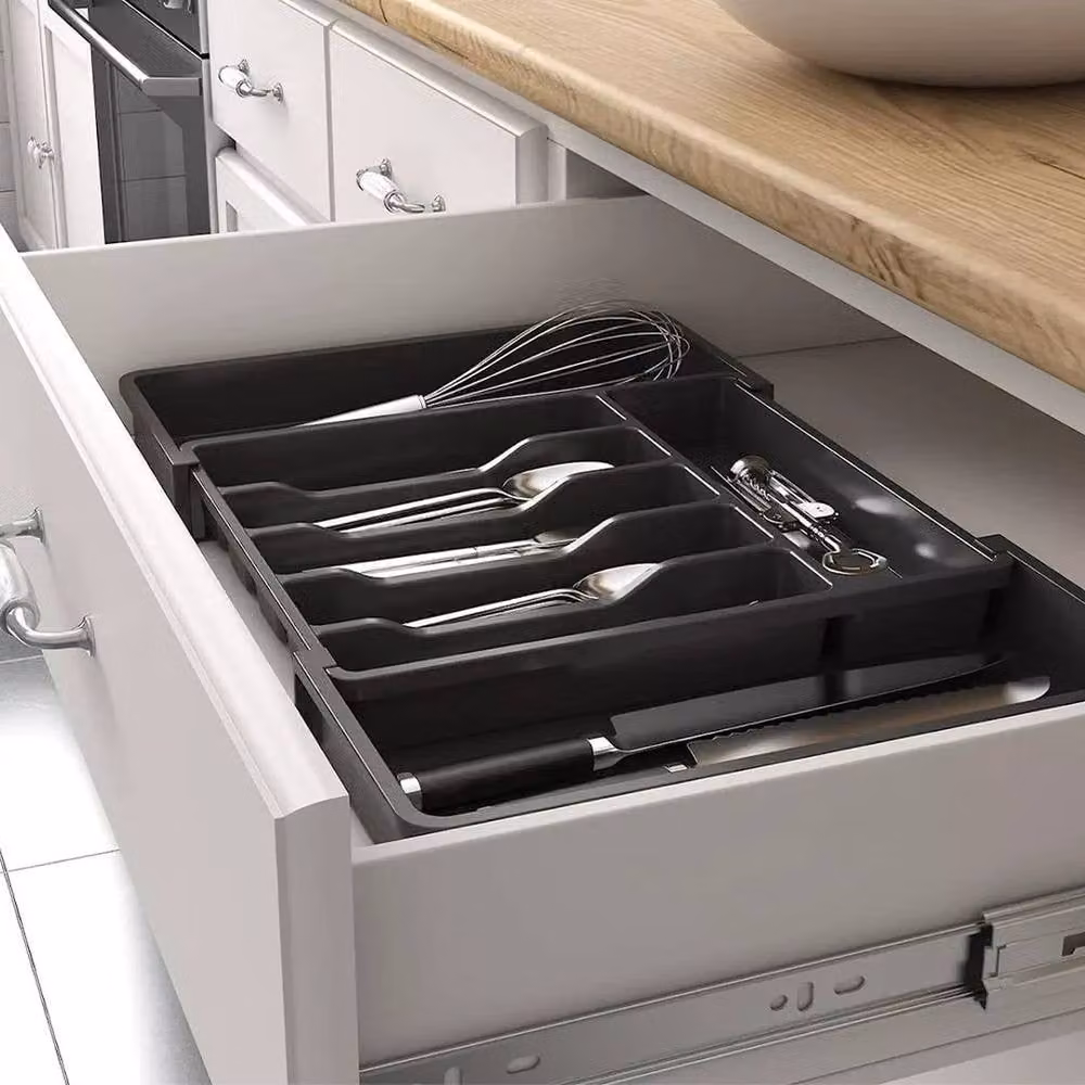 EONLION Black Plastic Extendable Cutlery Drawer Organiser and Utensil Tray – 4