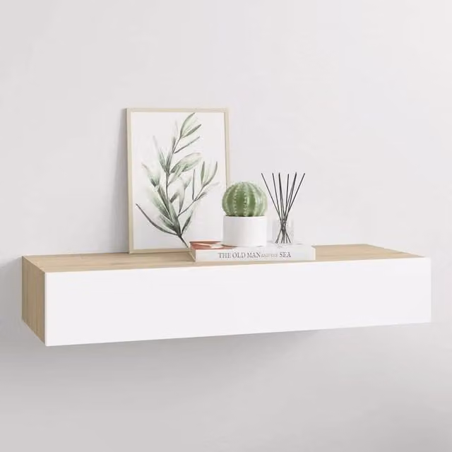 Berkfield Home Wall-mounted Drawer Shelf in Oak and White, W/D/H: 60 x 23.5 x 10 cm