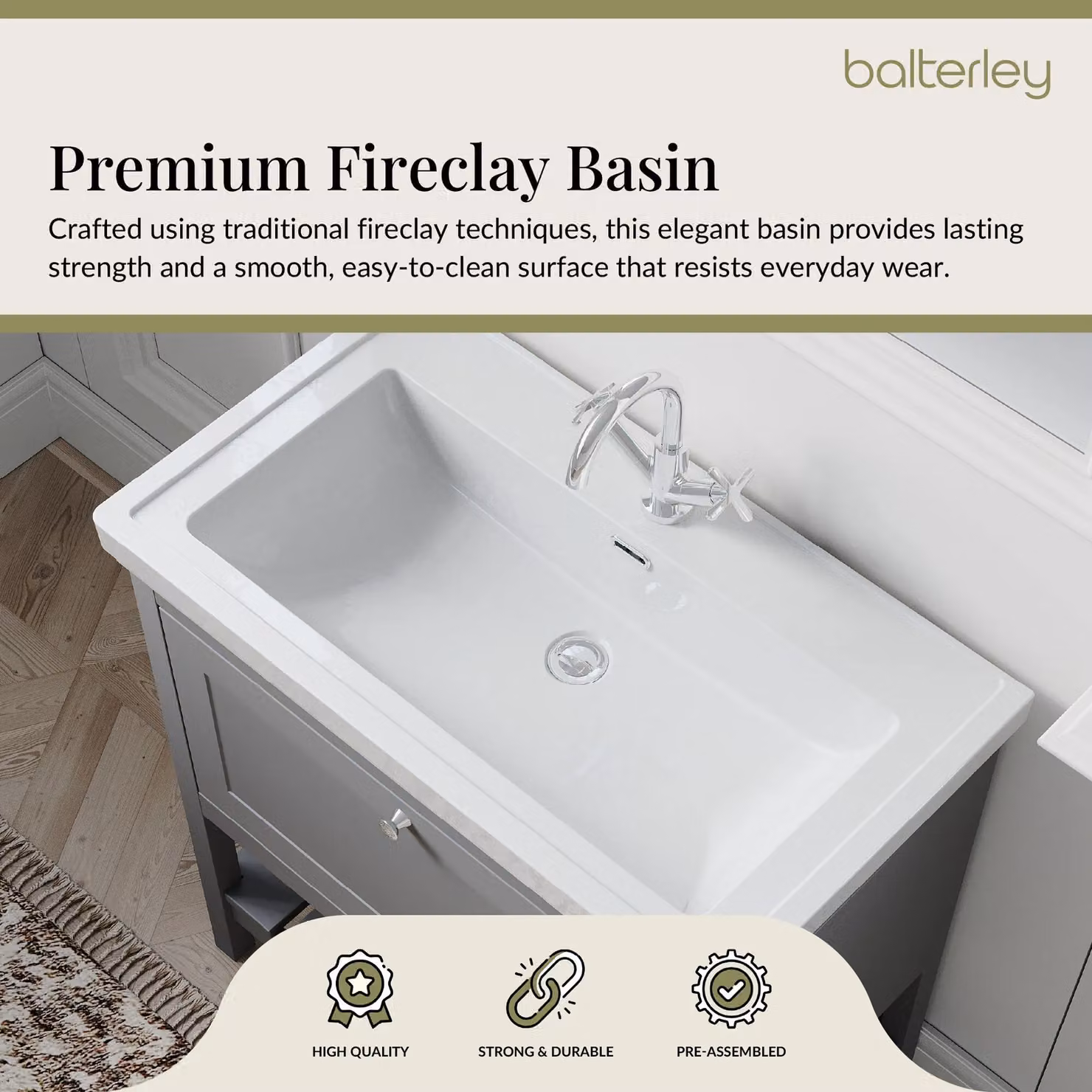 Balterley Bathroom Floor Vanity Unit with 1 Drawer and 1 Tap Hole Basin, Cool Grey, Width: 83 cm – 3