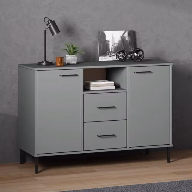 Berkfield Home Oslo Industrial Sideboard in Grey Solid Pine Wood with Metal Legs W/D/H: 113 x 40 x 77 cm