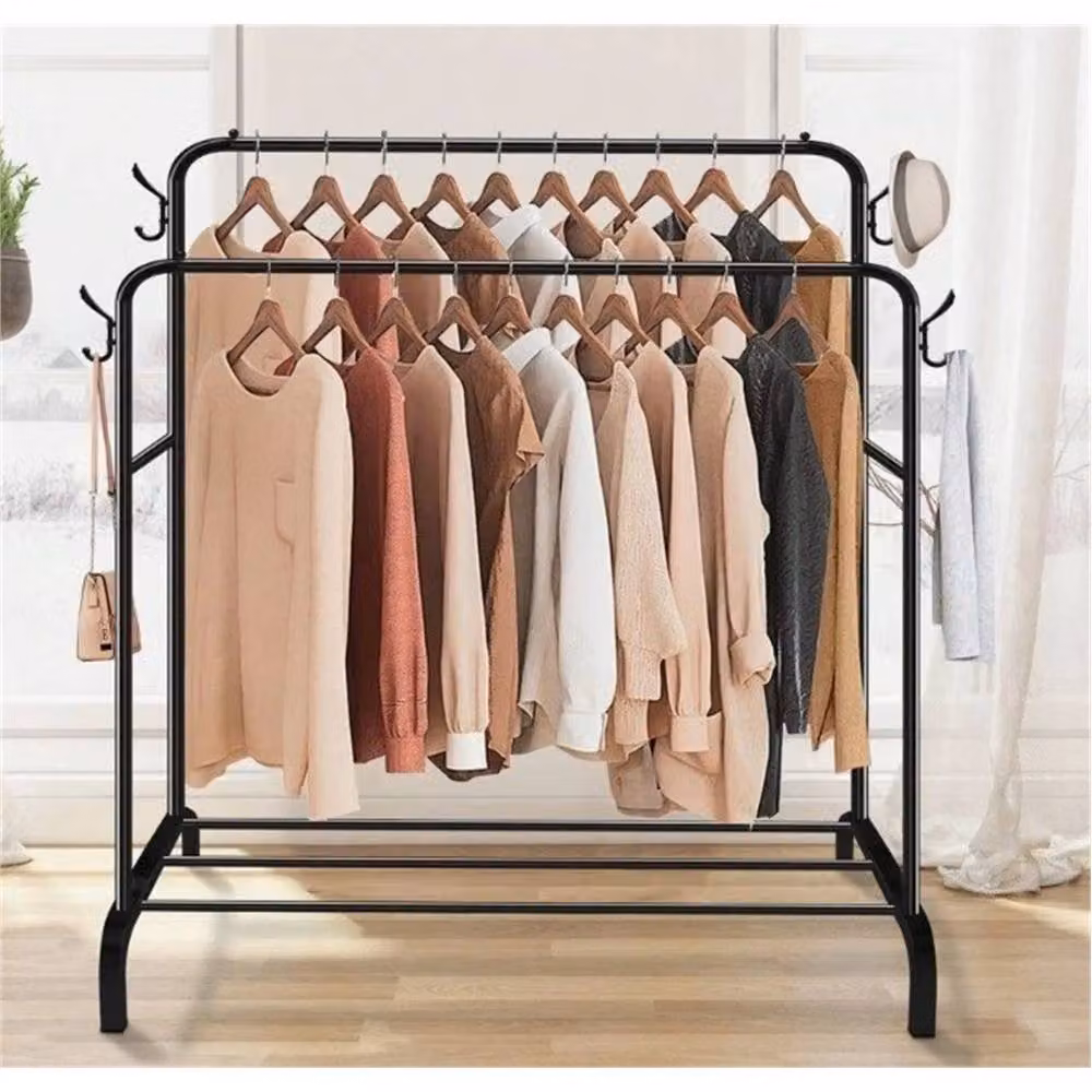VOGREX Heavy Duty Black Metal Clothes Rail with Dual Hook and Rail Matrix, Matt Black, H 145 x W 110 x D 55 cm – 5