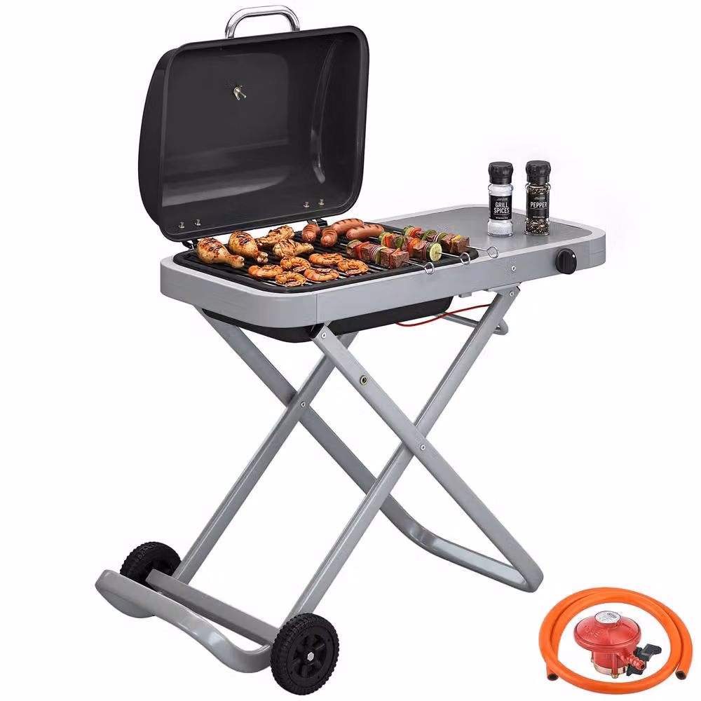 OUTSUNNY Foldable Gas BBQ Barbecue Grill with Side Table and Wheels, Black, 2.5 kW – 2