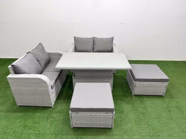 Fimous 6 Seater Rattan Garden Furniture Set in Light Grey with Adjustable Dining or Coffee Table and Footstool