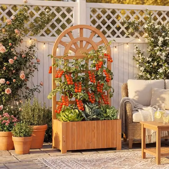 Costway Wooden Raised Garden Bed with Trellis, Brown