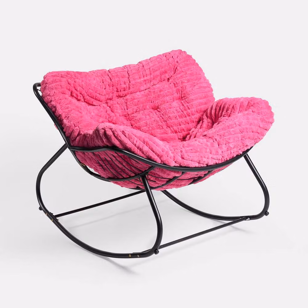 OHS Ribbed Faux Fur Rocking Chair with Metal Frame in Bright Pink – 3