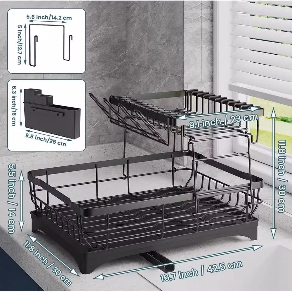 KORVIXA 2 Tier Black Coated Steel Dish Drainer Rack with Cutlery and Cup Holder – 2
