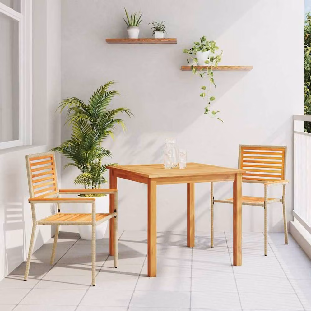 Berkfield Home Modern 3 Piece Garden Dining Set in Beige Poly Rattan and Acacia Wood – 2