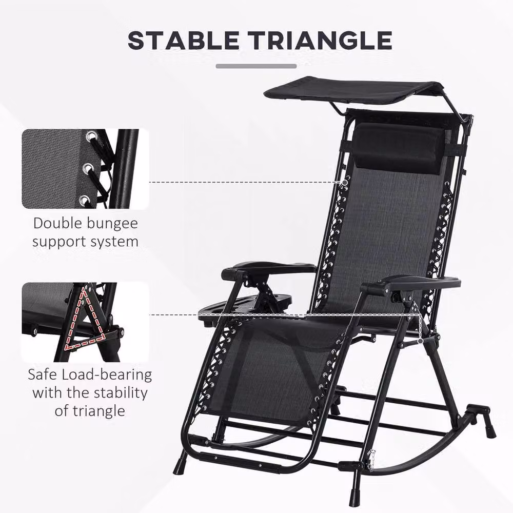 EONLION Black Folding Recliner Outdoor Lounge Chair with Sun Canopy and Adjustable Headrest – 3