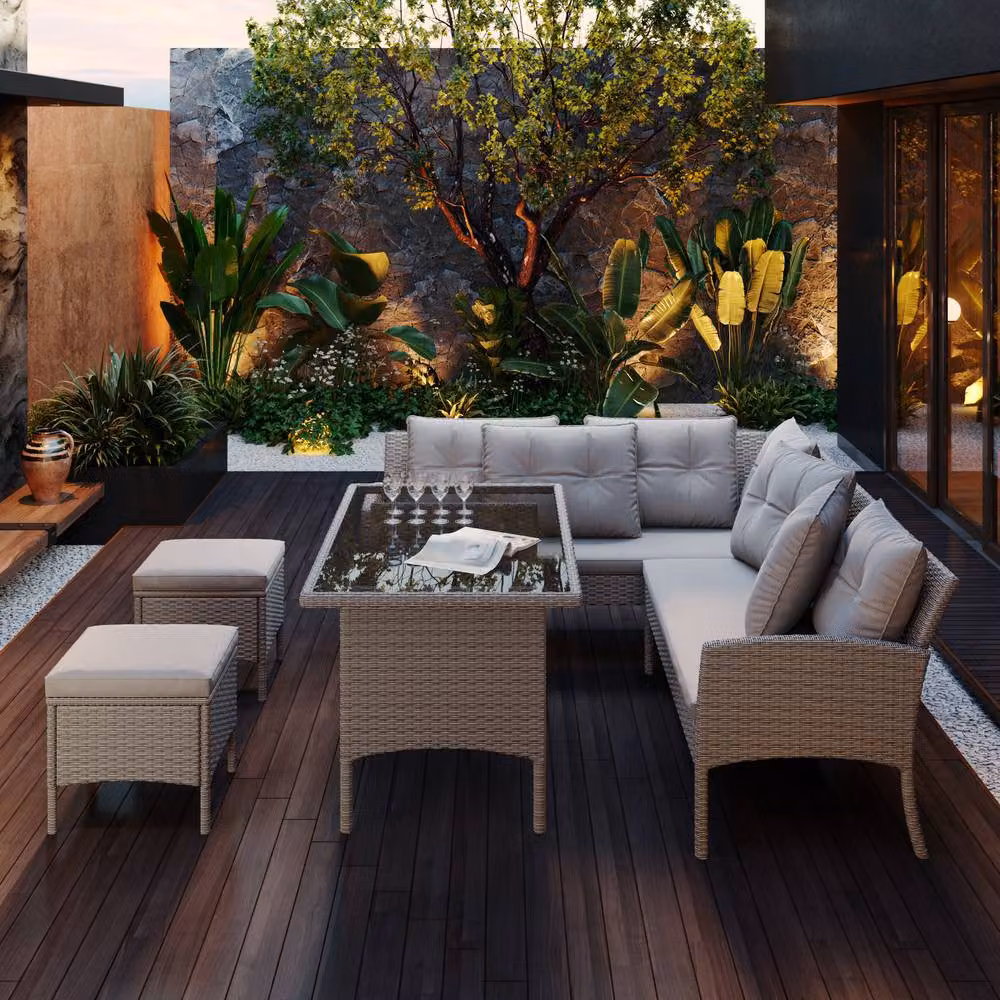 Direct Wicker 6-7 Seater Outdoor Corner Sofa Set with Table and Stools in Khaki and Beige – 3