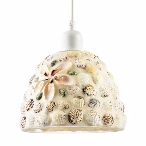 Happy Homewares Maritime Dome Pendant Lighting Shade with Handcrafted Seashells and Glass in White, Brown and Green, W: 17 cm, D: 13 cm, H: 13 cm – 1