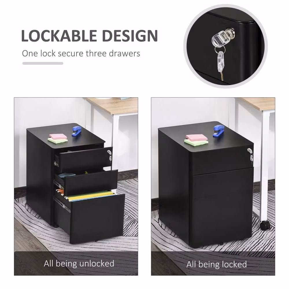 FORGEVIO Black Metal 3 Drawer Lockable Filing Cabinet with Castors – 4