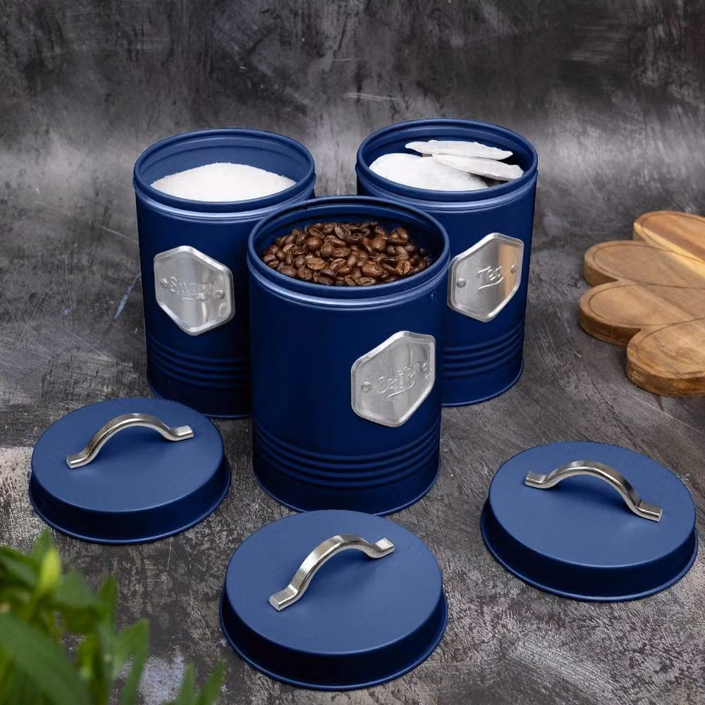 PAWNORA Airtight Metal Kitchen Canister Storage Containers in Blue and Silver – 5