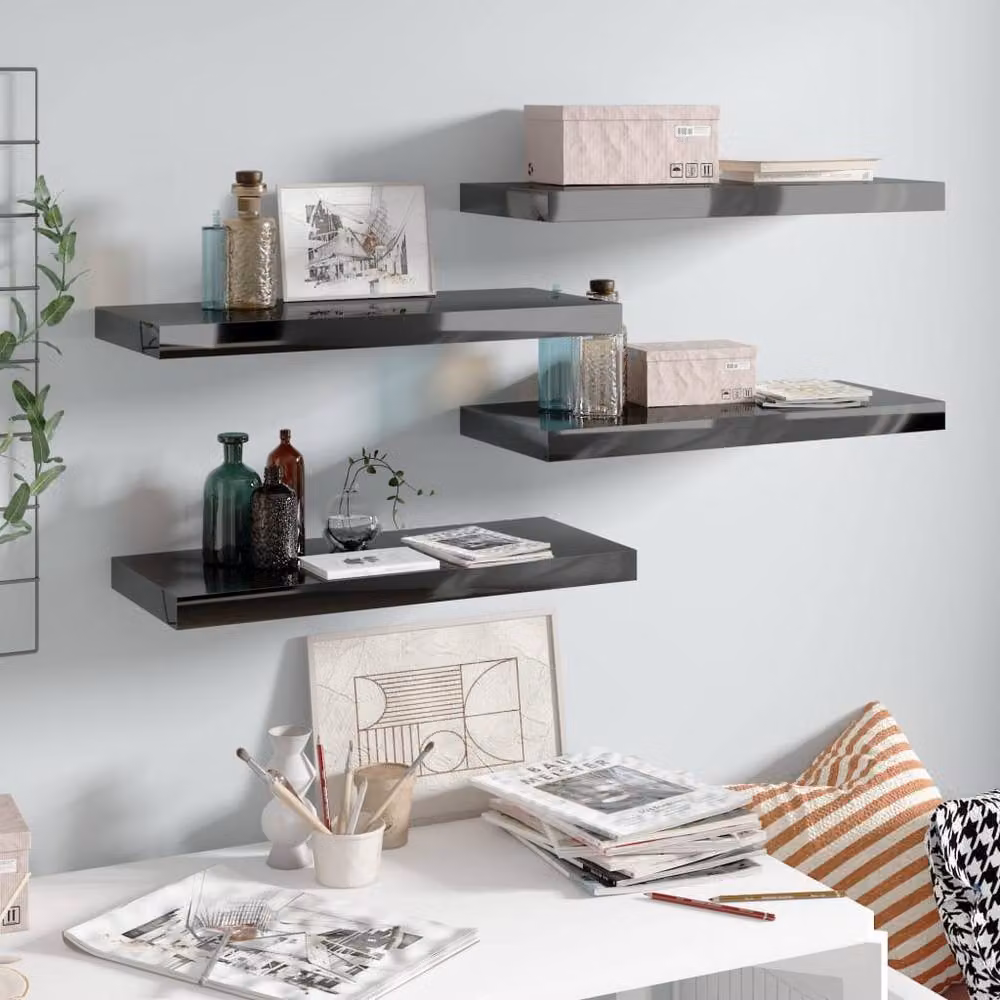 Berkfield Home Set of 4 Floating Wall Shelves in High Gloss Black, W: 60 cm, D: 23.5 cm, H: 4 cm – 2