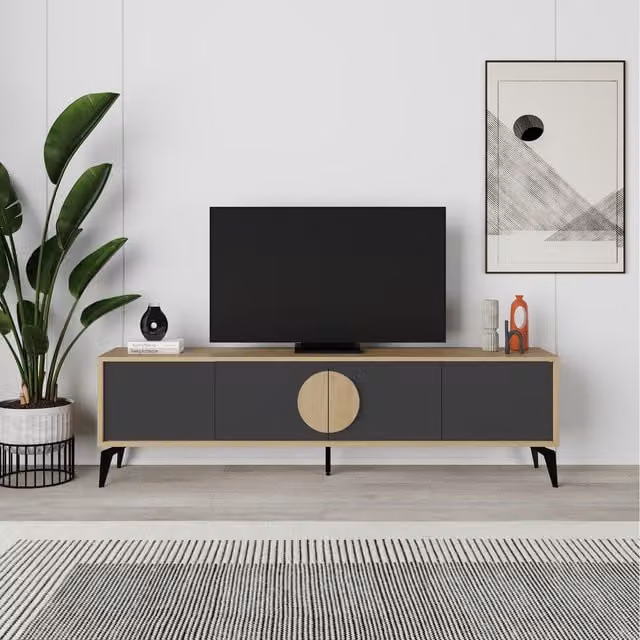 Decortie Gora Modern TV Unit with 4 Doors Storage, Oak and Silky Black, W: 180 cm, H: 50.8 cm, D: 35.7 cm