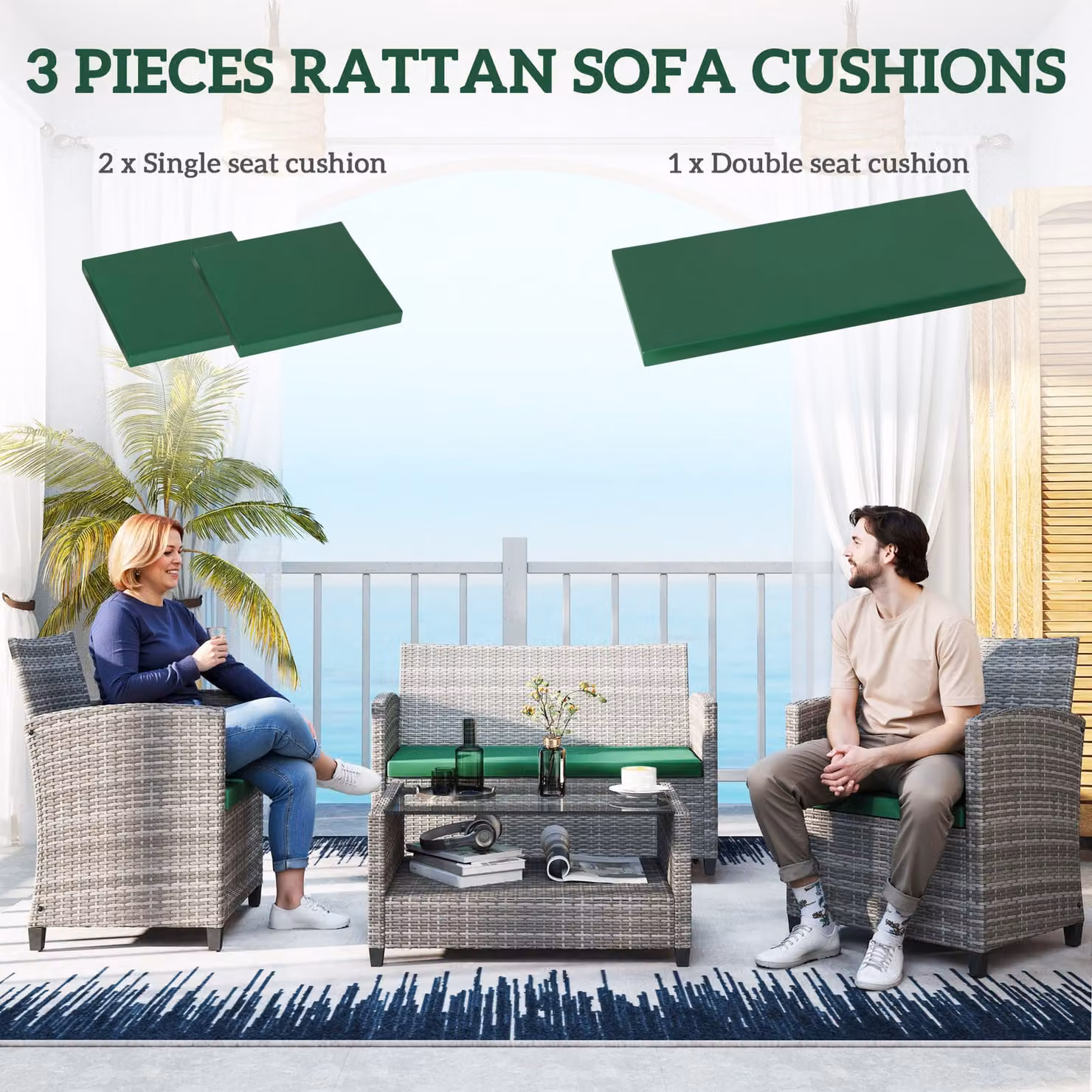 Outsunny Set of 3 Green Rectangular Outdoor Seat Cushion Pads for Rattan Furniture with Removable Washable Polyester Covers – 2