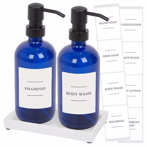 Harbour Housewares 2 Piece Glass Soap Dispenser Set with Ceramic Tray and Labels, 500ml, Blue