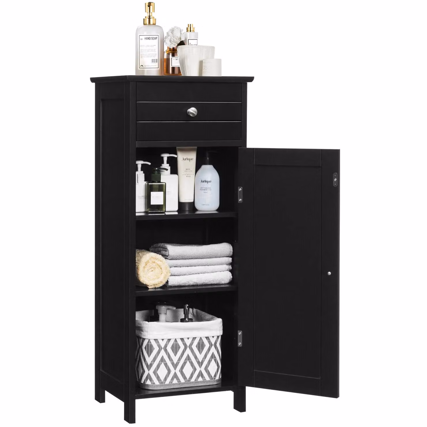 Costway Black Wooden Bathroom Floor Standing Storage Cabinet with Single Door, Drawer and Internal Shelves – 2