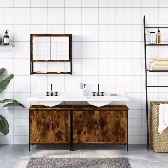 Berkfield Home 3 Piece Industrial Bathroom Furniture Set in Brown Smoked Oak – 1