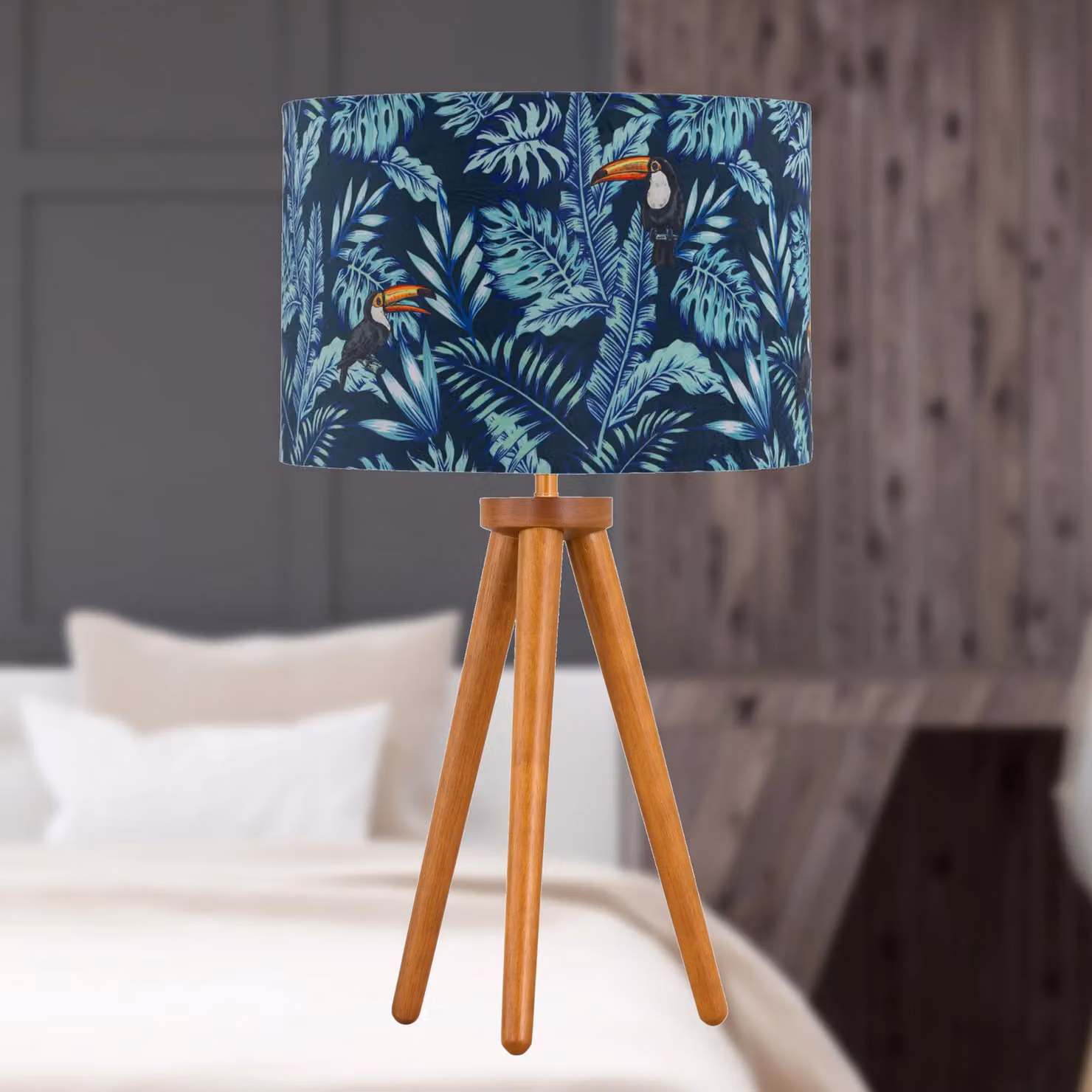 First Choice Lighting Set of 2 Brown Wood Table Lamps with Multicolour Toucan Fabric Shades – 4