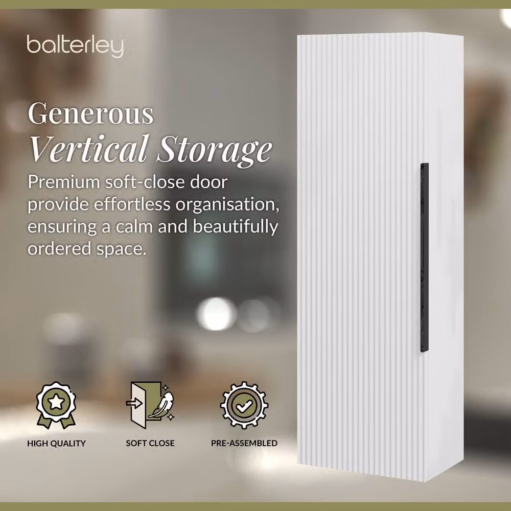 Balterley White Fluted Front Wall Hung Single Door Tall Storage Unit, H 120 x W 40 x D 40 cm – 2