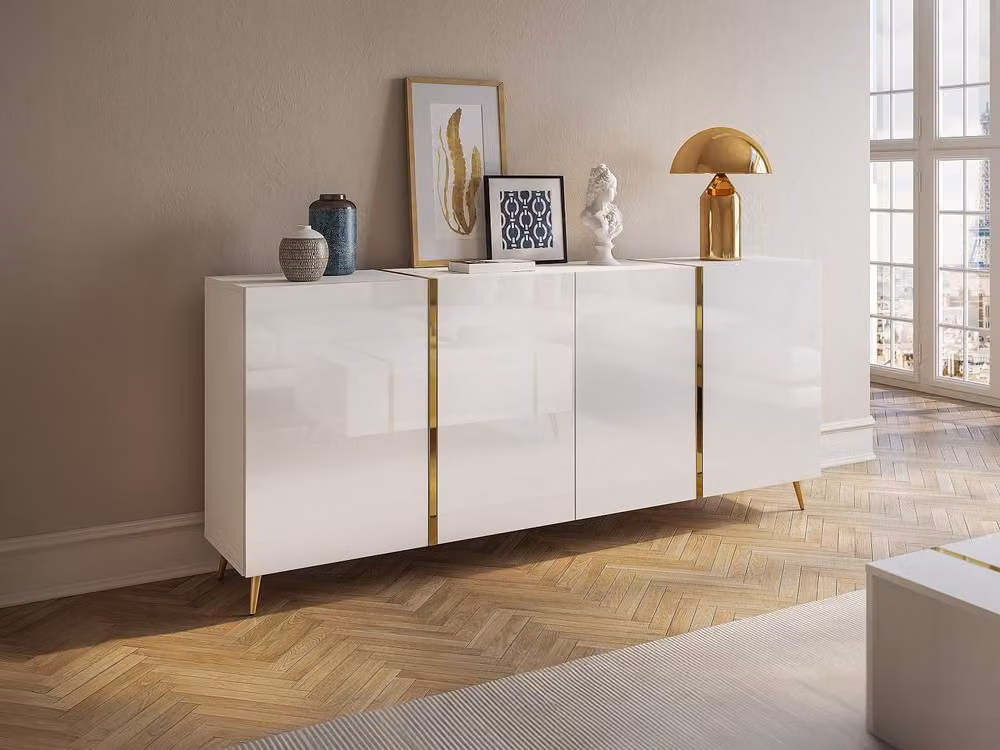 Vente-unique Marzialo Sideboard with 4 Doors in Gloss White and Gold, W: 199.3 cm, D: 41.0 cm, H: 87.2 cm – 3