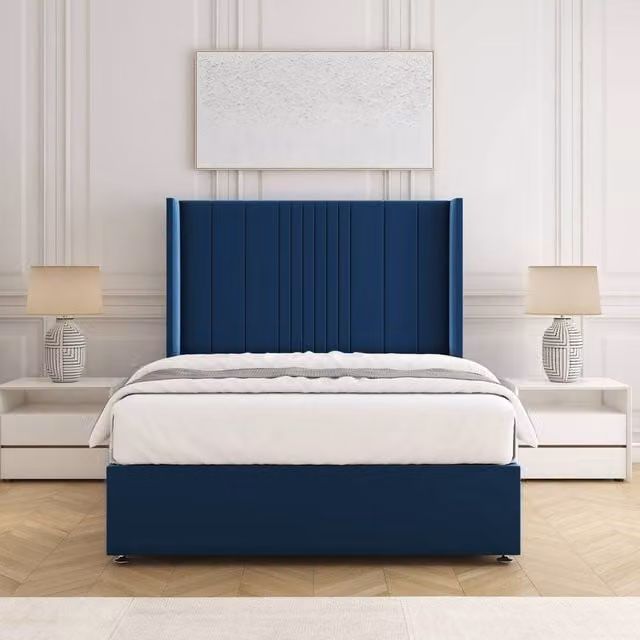 BSSPOKE Charlotte Super King Divan Bed Set with Plush Velvet Headboard and Mattress in Blue, W/D/H: 200 x 150 x 54 cm