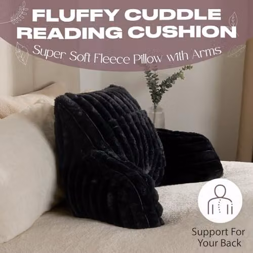 OHS Black Faux Fur Ribbed Reading Pillow with Heatable Pocket for Adults, W/D/H: 65 x 40 x 65 cm – 2